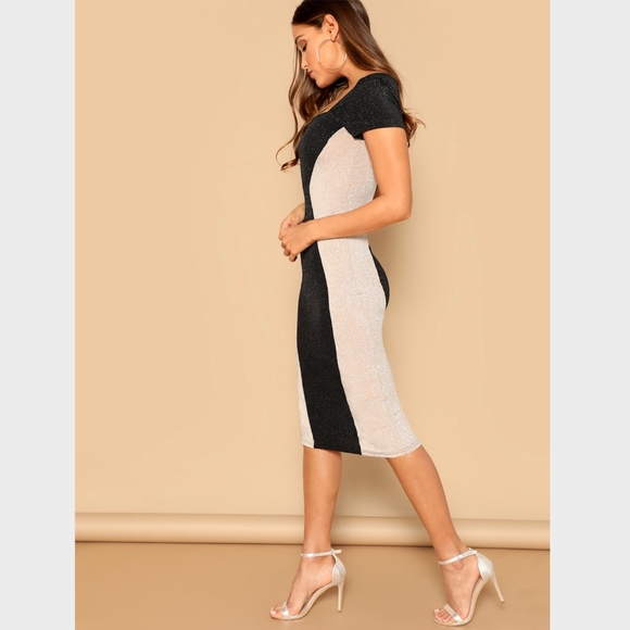 Color Block Lurex Contour Bodycon Dress Glitter - Picture 4 of 7